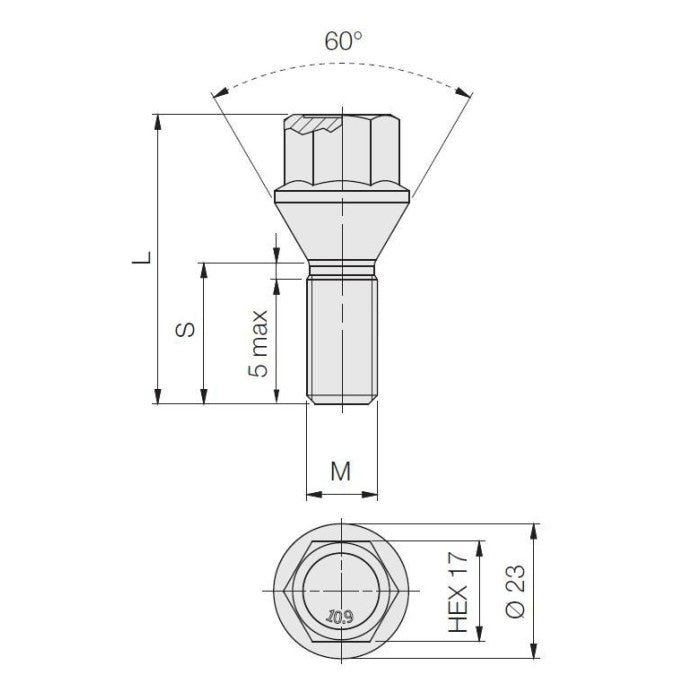 M12 x 1.25, Tapered Seat, 17 Hex, Galv