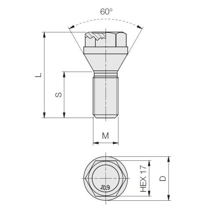 M14 x 1.5, Tapered Seat, 17 Hex, Short/H, Galv