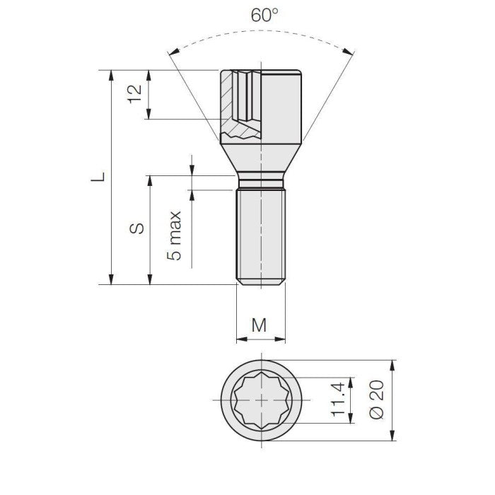 M12 x 1.75, 60° Taper, Star D20, Galv