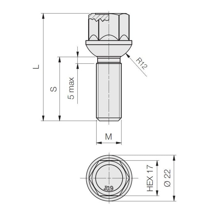 M12 x 1.5, Radius 12, 17 Hex