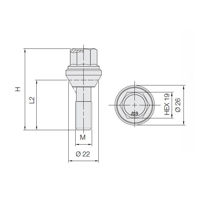 M12 x 1.25, 60° Taper, Vari Bolt (wobble), 19 Hex, Galv