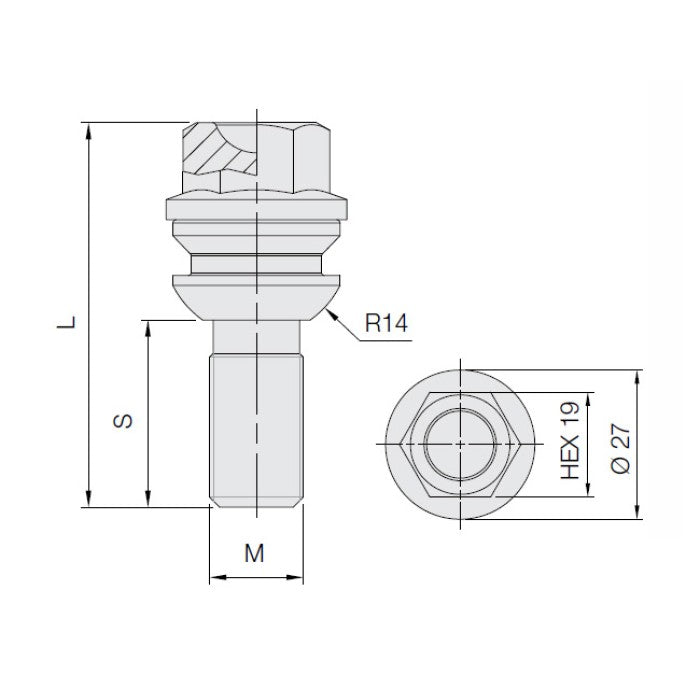 M14 x 1.5, Swivel Wash Radius 14, 19 Hex