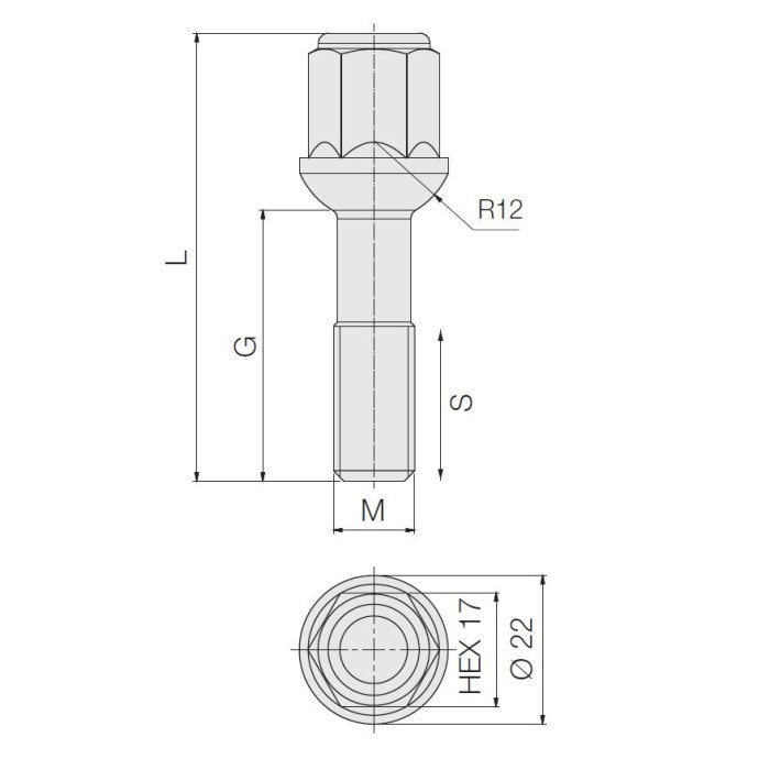 M12 x 1.5, Radius 12, 17 Hex, L/Head, Galv