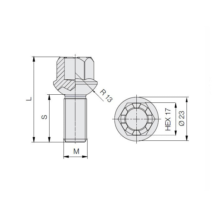 M12 x 1.5, Radius 13, 17 Hex, Hollow/H