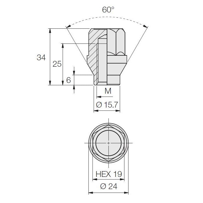 Closed Nut, 60° Taper With Shank, 19 Hex, 34 Height