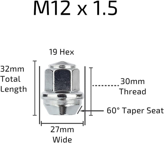 Closed Nut, M12 x 1.5, 60° Taper, 19 Hex,  Compatible With Ford Alloy Wheels & More