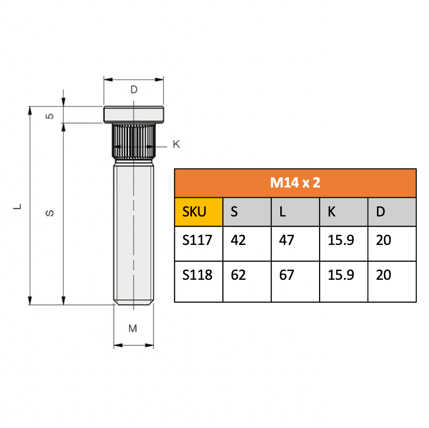 Splined Stud, M14 x 2, Galv