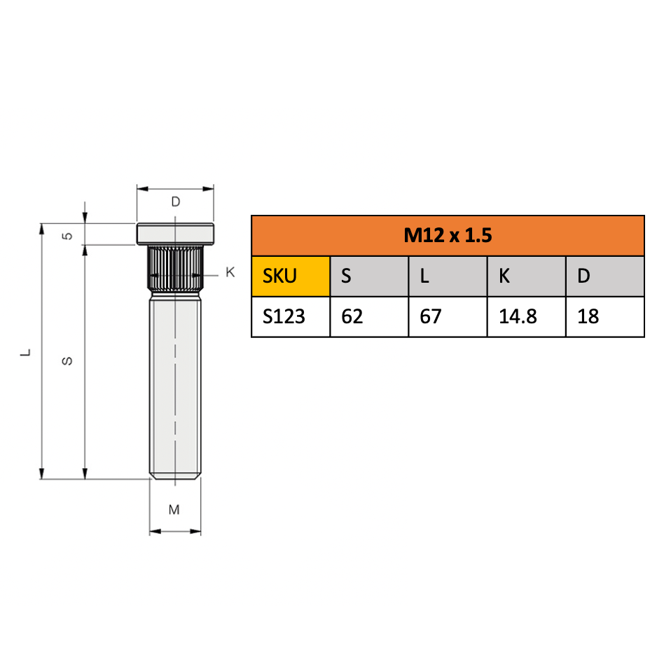 Splined Stud, M12 x 1.5, Galv
