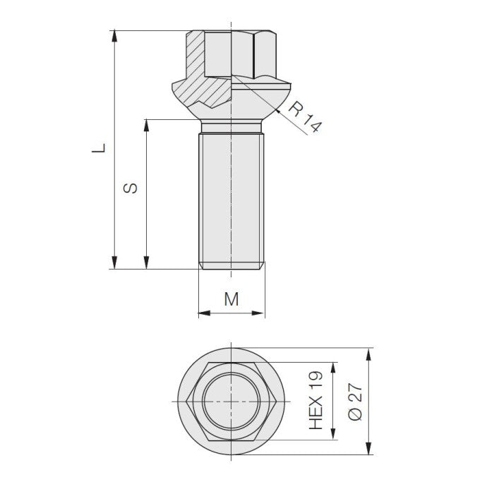 M14 x 1.5, Radius 14, Hollow Head, Black