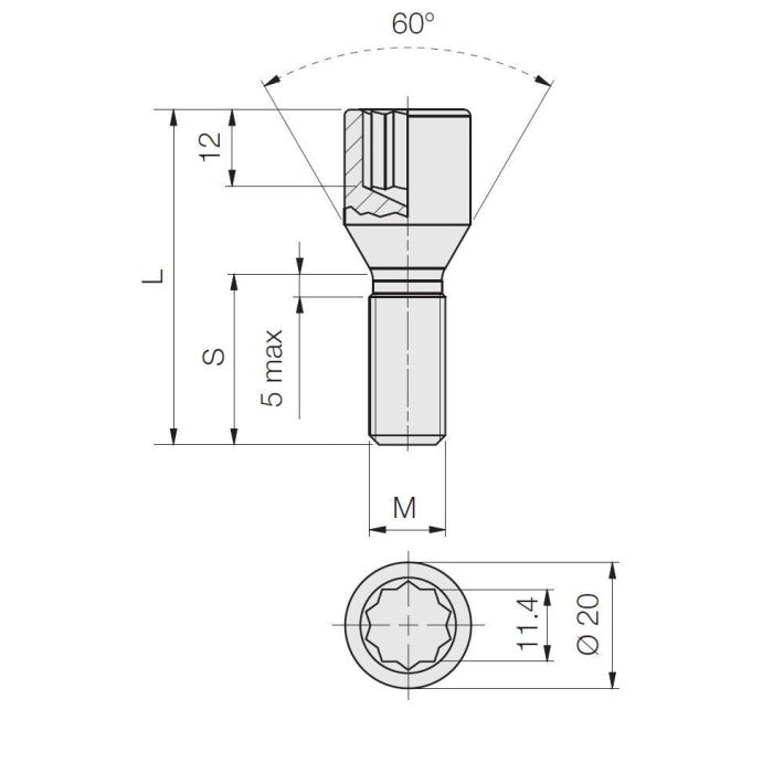 M12 x 1.25, 60° Taper, Star D20