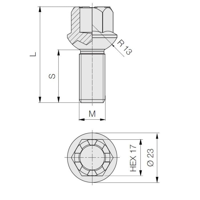 M14 x 1.5, Radius 14, 17 Hex, Hollow/H, Galv