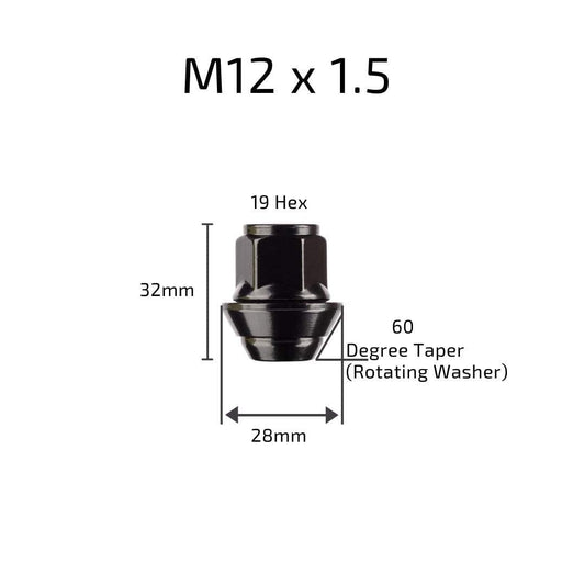 RYBO Black Alloy Wheel Nuts. M12 x 1.5, Taper Washer, 19mm Hex for Use With Ford Alloy Wheels & More (20)