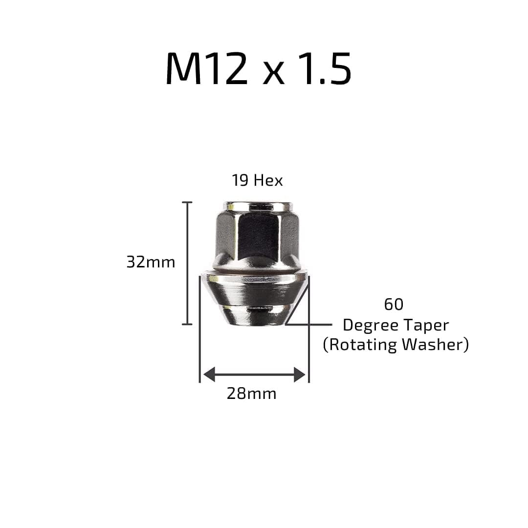 RYBO Chrome Alloy Wheel Nuts. M12 x 1.5, Taper Washer, 19mm Hex for Use With Ford Alloy Wheels & More (20)