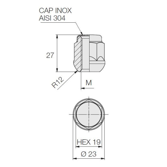 Closed Nut W/Cap, Ball Seat, 19 Hex, 27 Height, Radius 12, Galv