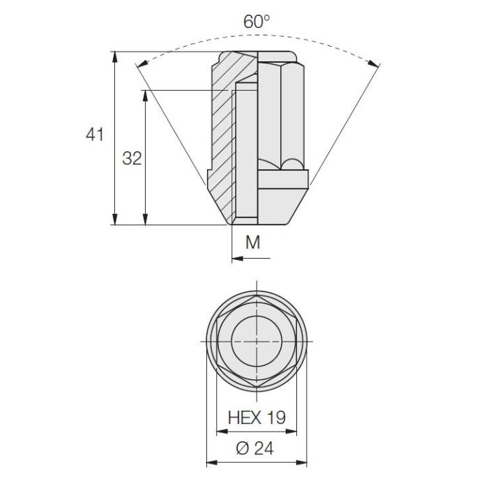 Closed Nut, 60° Taper, 19 Hex, 41 Height