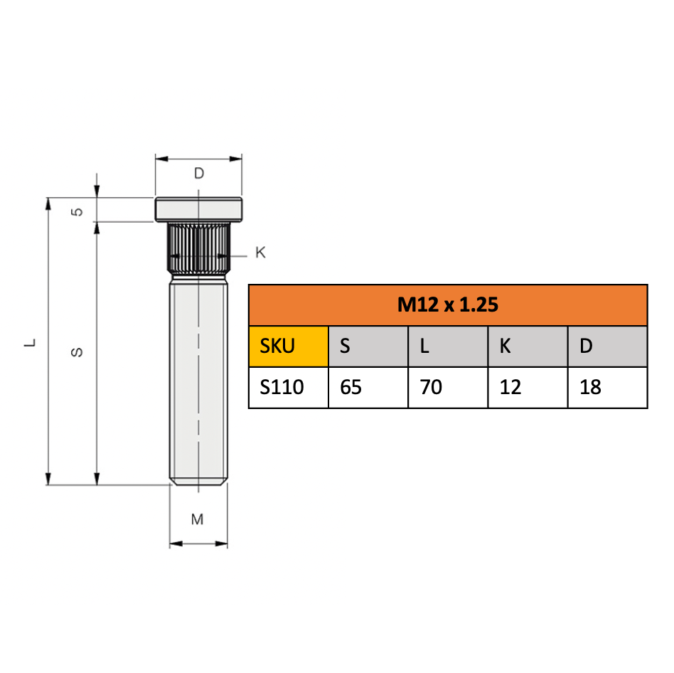 Splined Stud, M12 x 1.25, Galv