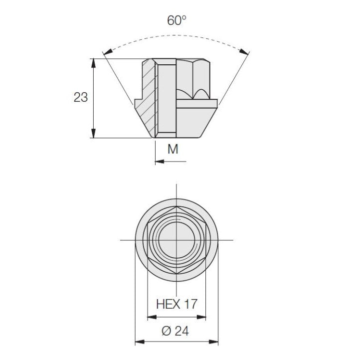 Open Nut, 60° Taper, 17 Hex, 23 Height